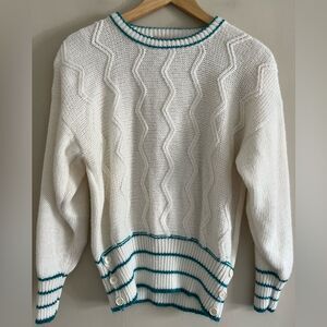 Vintage Jaclyn Smith Angora Blend Sweater L White Teal Trim Button Hem